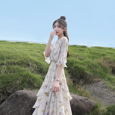 碎花雪纺连衣裙女夏2025新款收腰显瘦气质小清新仙女a字蛋糕裙子