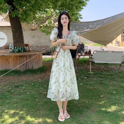 小个子碎花雪纺连衣裙女夏季2025新款泡泡袖收腰显瘦气质a字裙子
