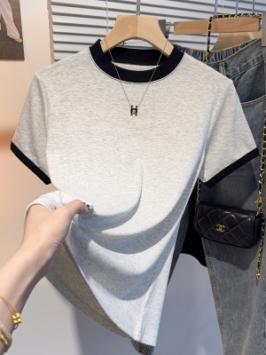2025夏季新款小圆领短袖撞色螺纹修身t恤女韩式穿搭高端百搭上衣