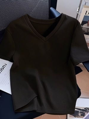 欧货纯棉V领宽松白色短袖女t恤2025夏季新款遮肚子显瘦正肩上衣潮