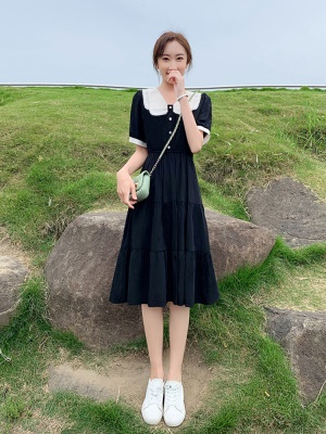 赫本风小个子黑色连衣裙女夏2025新款娃娃领气质显瘦雪纺a字裙子