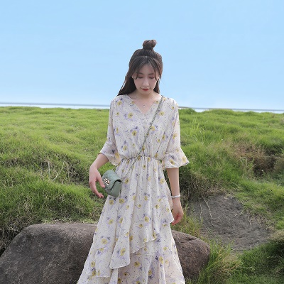 碎花雪纺连衣裙女夏2025新款收腰显瘦气质小清新仙女a字蛋糕裙子