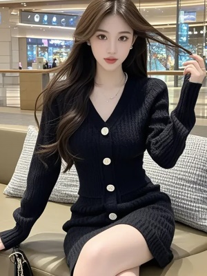 黑色v领针织连衣裙春装女2025年新款包臀裙今年流行爆款超火裙子