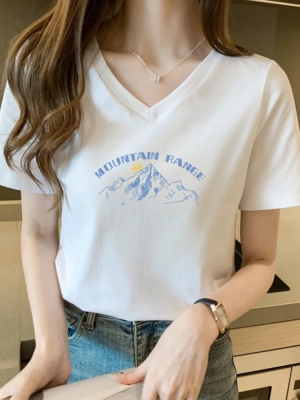 2025新款V领正肩纯棉短袖T恤女白时尚百搭减龄显瘦上衣打底衫夏季