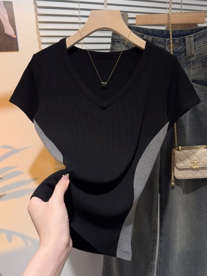 螺纹v领拼色凉感T恤女2025夏新款复古高级感短袖正肩体恤别致上衣