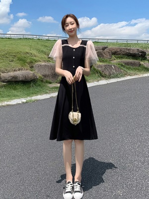 小个子法式黑色雪纺连衣裙女2025新款显瘦气质小黑裙a字裙子夏季