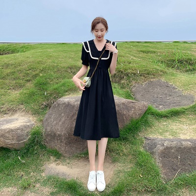 小个子高级感黑色连衣裙2025新款女泡泡袖气质收腰雪纺a字裙子夏