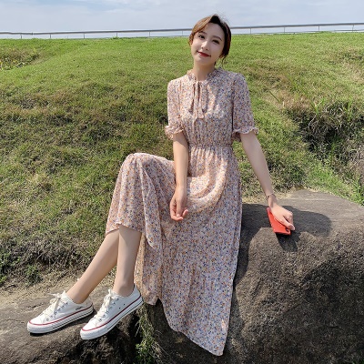 粉色甜美小清新雪纺碎花连衣裙女夏2025新款显瘦气质收腰a字裙子