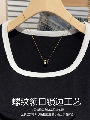 方领撞色T恤女短袖韩系纯欲修身辣妹漂亮小众气质冰丝上衣打底衫