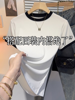撞色螺纹小立领短袖T恤女时尚欧货2025夏季新款圆领冰丝针织上衣