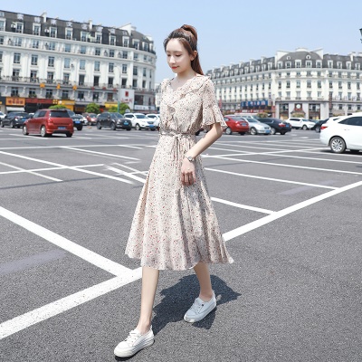 复古超仙雪纺碎花连衣裙女夏季2025年新款喇叭袖收腰显瘦a字裙子