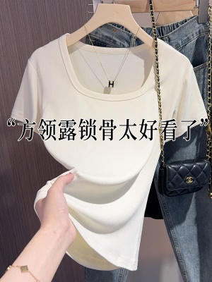 方领短袖t恤女2025新款夏季修身高级感正肩显瘦上衣螺纹冰丝半袖