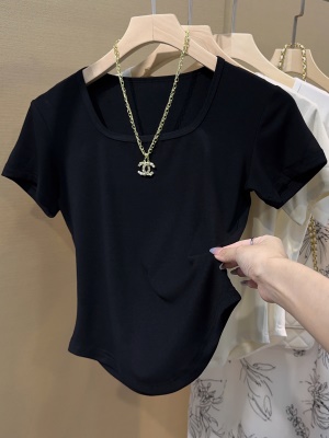 杏色莫代尔冰丝短袖t恤女夏百搭弧形下摆修身收腰不规则短款上衣