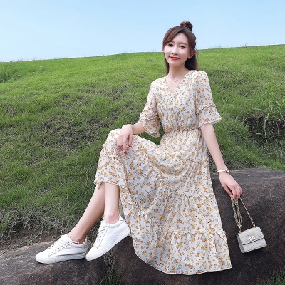 小个子碎花雪纺连衣裙女夏季2025新款收腰显瘦气质v领a字裙子女仙