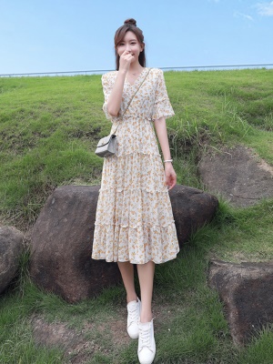 温柔风碎花雪纺连衣裙女夏季2025新款收腰显瘦气质v领a字裙子女仙