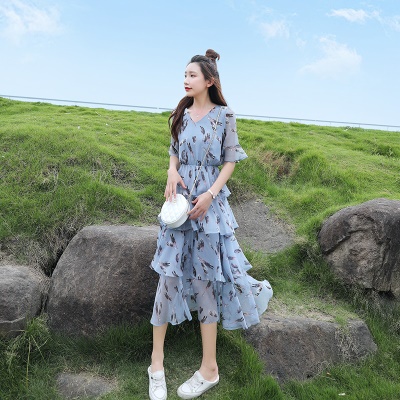 碎花雪纺连衣裙女夏装2025新款长裙收腰显瘦气质a字蛋糕裙子超仙