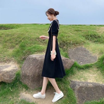 小个子高级感黑色连衣裙2025新款女泡泡袖气质收腰雪纺a字裙子夏