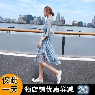高级感碎花雪纺连衣裙女夏2025新款遮肚收腰显瘦气质v领仙女裙子