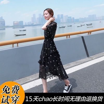 黑色波点雪纺连衣裙女夏季2025新款收腰显瘦气质v领a字裙蛋糕裙子