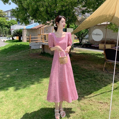 红色碎花雪纺连衣裙女夏季2025新款方领气质收腰显瘦中长a字裙子