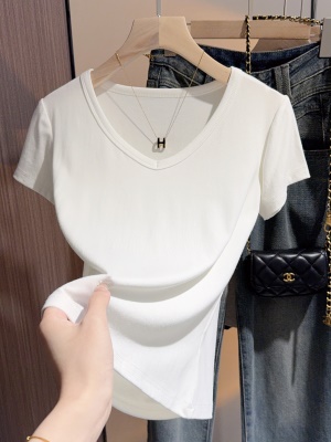螺纹短袖面膜t恤女轻奢2025夏季新款高级感半袖冰丝V领别致上衣潮