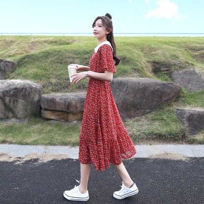 法式红色碎花雪纺连衣裙女夏季2025新款复古气质小清新娃娃领裙子