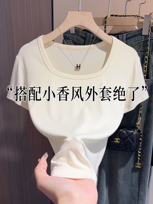 正肩女t恤方领短袖夏季新款低领锁骨设计感修身显瘦法式别致上衣