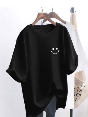 短袖t恤女ins潮2025新款夏欧货中长款纯棉遮肚子大版白色笑脸体恤