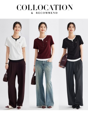 撞色正肩假两件T恤女2025春季新款圆领短袖打底衫别致百搭上衣服