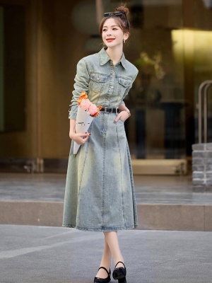 超好看复古牛仔连衣裙女2025春装高级感气质爆款高腰拼接休闲长裙