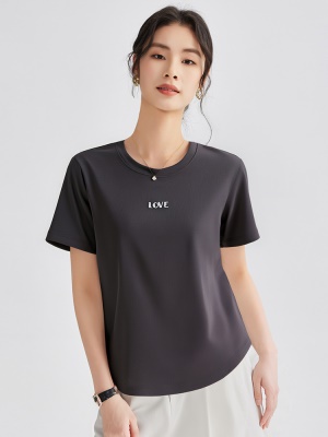 天丝粉色短袖T恤女正肩薄款夏季洋气独特别致修身显瘦莱赛尔体恤