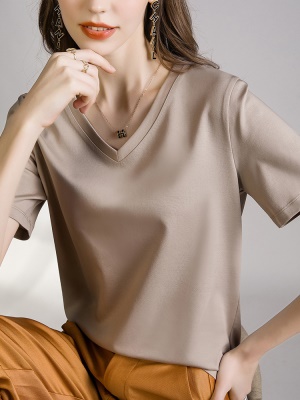 80s液氨卡其色短袖正肩t恤女2025春夏丝光棉V领气质打底衫体恤潮