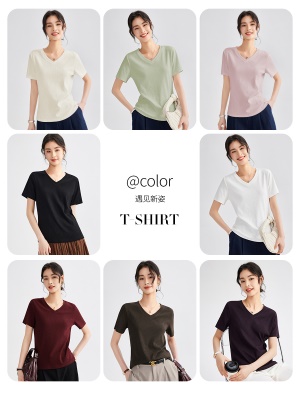 气质竹节棉多色t恤女短袖2025夏季新款别致V领纯色百搭上衣女