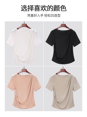 醋酸高级感T恤女短袖2025夏新款上衣潮休闲百搭洋气正肩圆领体恤