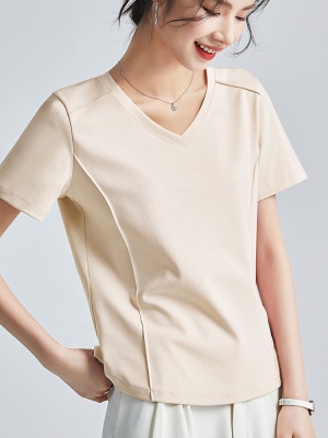 液氨凉感短袖正肩t恤女2025夏季丝光棉V领体恤半袖时尚打底衫上衣