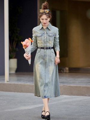 超好看复古牛仔连衣裙女2025春装高级感气质爆款高腰拼接休闲长裙