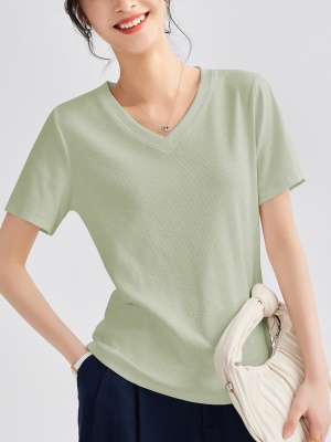 气质竹节棉多色t恤女短袖2025夏季新款别致V领纯色百搭上衣女