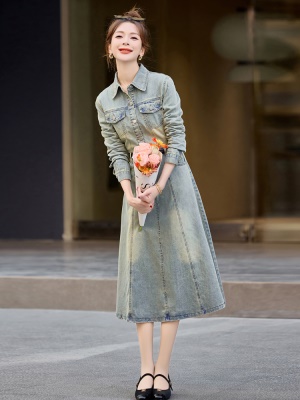 超好看复古牛仔连衣裙女2025春装高级感气质爆款高腰拼接休闲长裙