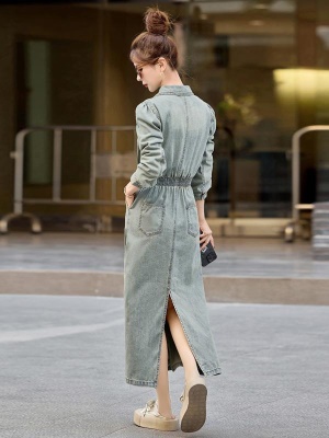 气质好看女神范牛仔连衣裙女2025春季新款收腰显瘦高级感开叉长裙