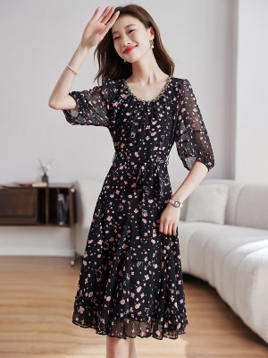 法式名媛碎花雪纺连衣裙女2025夏季新款高级感十三行轻奢爆款裙子