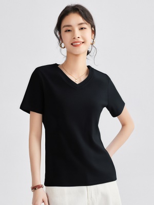 天丝羊毛V领正肩短袖t恤女2025年新款上衣夏季洋气减龄高级感内搭