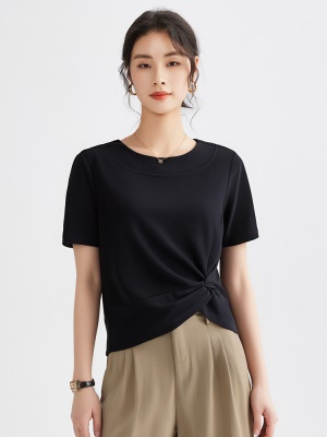 黑色短袖t恤女2025新款夏季上衣洋气褶皱圆领减龄百搭高级感时尚T