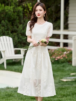 巨好看减龄刺绣连衣裙女2025夏季新款收腰显瘦泡泡袖超火中长裙子