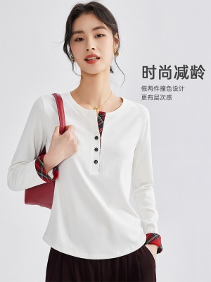 T恤女2025春秋新款格纹格子拼接打底衫长袖可外穿百搭圆领上衣潮