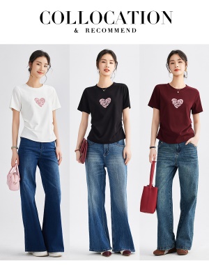 趣味爱心刺绣白t宽松百搭T恤女2025夏季舒适休闲简约圆领短袖上衣