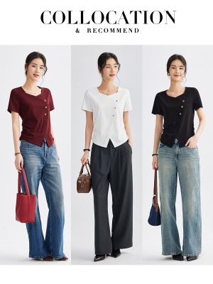 正肩方领短袖t恤女夏季2025新款高端不规则半袖上衣修身显瘦体恤