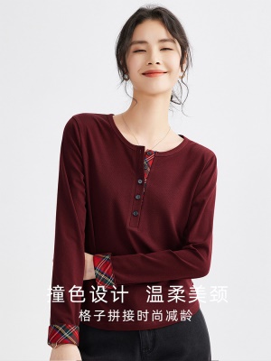 T恤女2025春秋新款格纹格子拼接打底衫长袖可外穿百搭圆领上衣潮