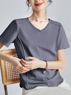 液氨凉感短袖正肩t恤女2025夏季丝光棉V领体恤半袖时尚打底衫上衣