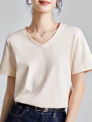 V领T恤女丝光棉纯色短袖2025新款宽松内搭外穿V领液氨t恤打底衫潮