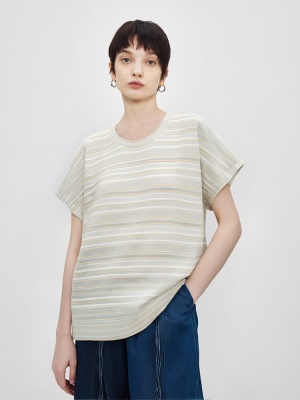 洋气条纹宽松桑蚕丝短袖女圆领莱赛尔T恤衫夏装宽松天丝半袖内搭